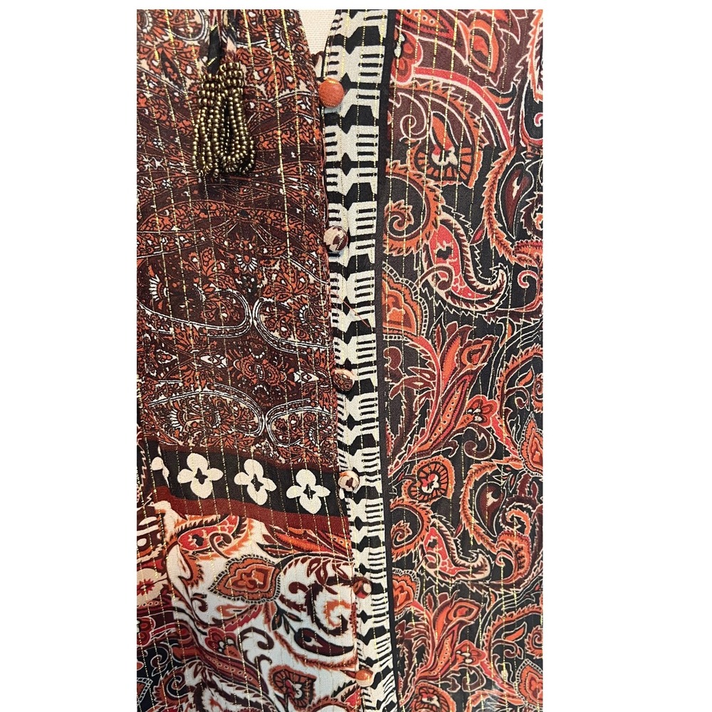 Zara Women L Tie Neck Peasant Blouse Paisley Patchwork Top Burgundy Gold Boho - Picture 7 of 11
